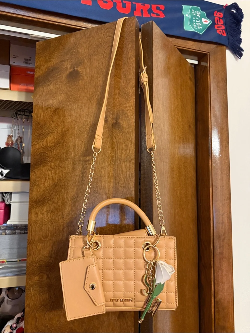 Steve Madden Quilted Tan Satchel with Gold Chain Accents